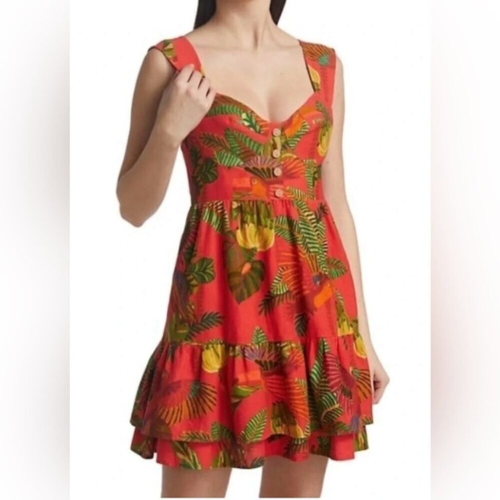 FARM Rio 'Red Forest Birds' Linen-Blend Mini-Dress, Red Multi